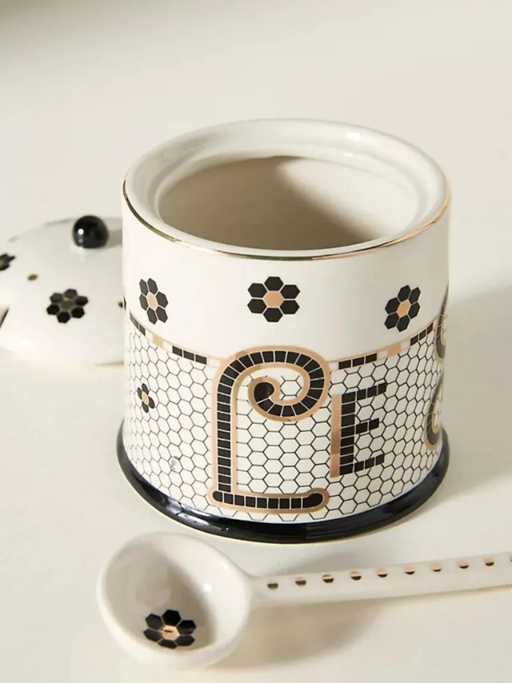 Anthropologie Bistro Tile Decaled Stoneware Sugar Bowl Pot 3 Pcs Set Mosaic New